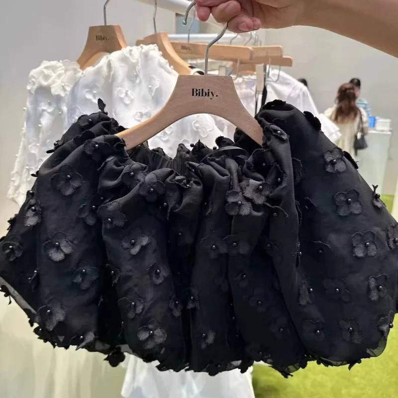 IMU Japan Style Sweet Fashion 3D Flower Beaded Bud Short Skirt Women's Sweet Super Fairy Birthday Party Puffy Princess Mini Skir
