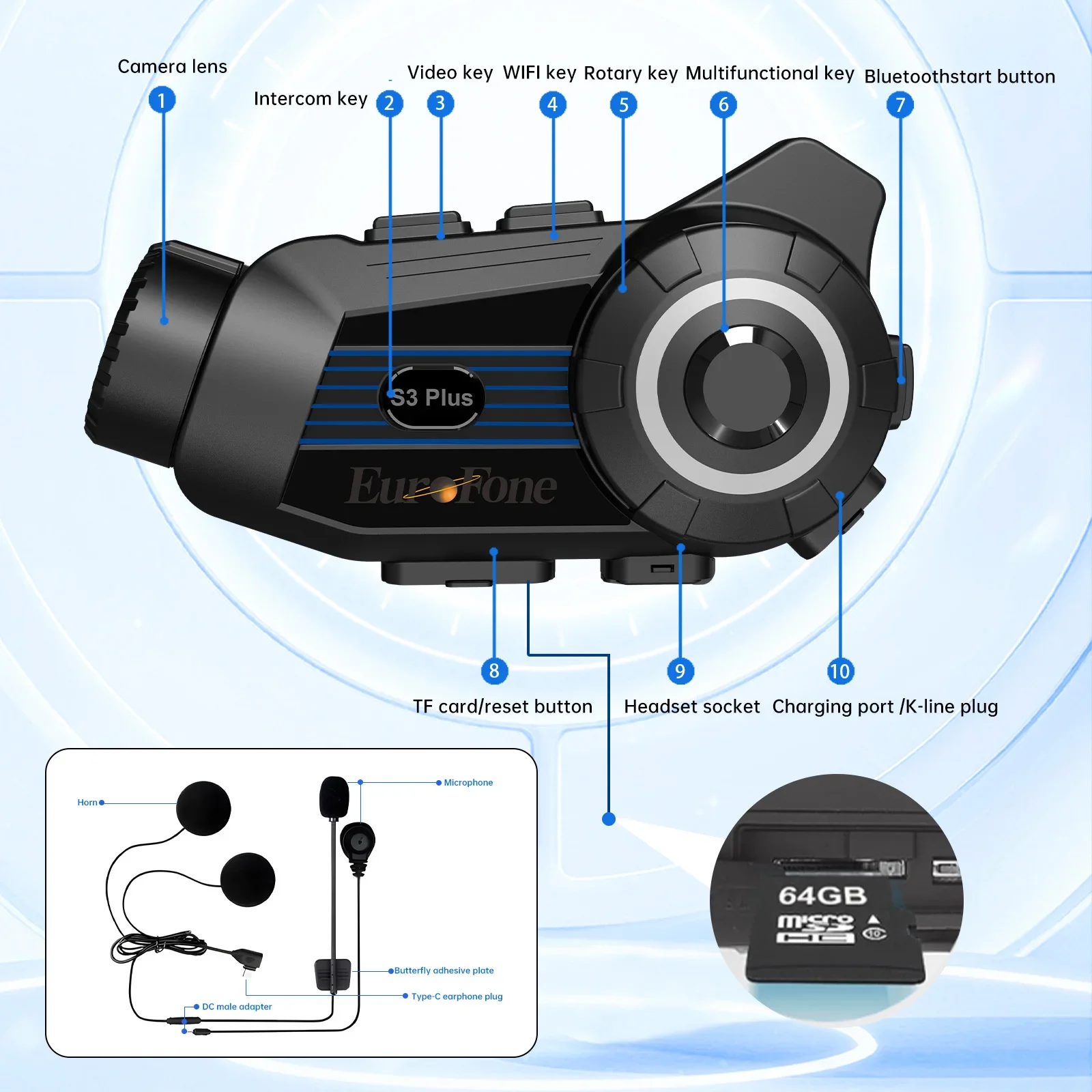 EuroFone S3PLUS Helmet WiFi Video 2K Recorder  with Bluetooth Intercom Headset 6 rider Wireless Waterproof Headset