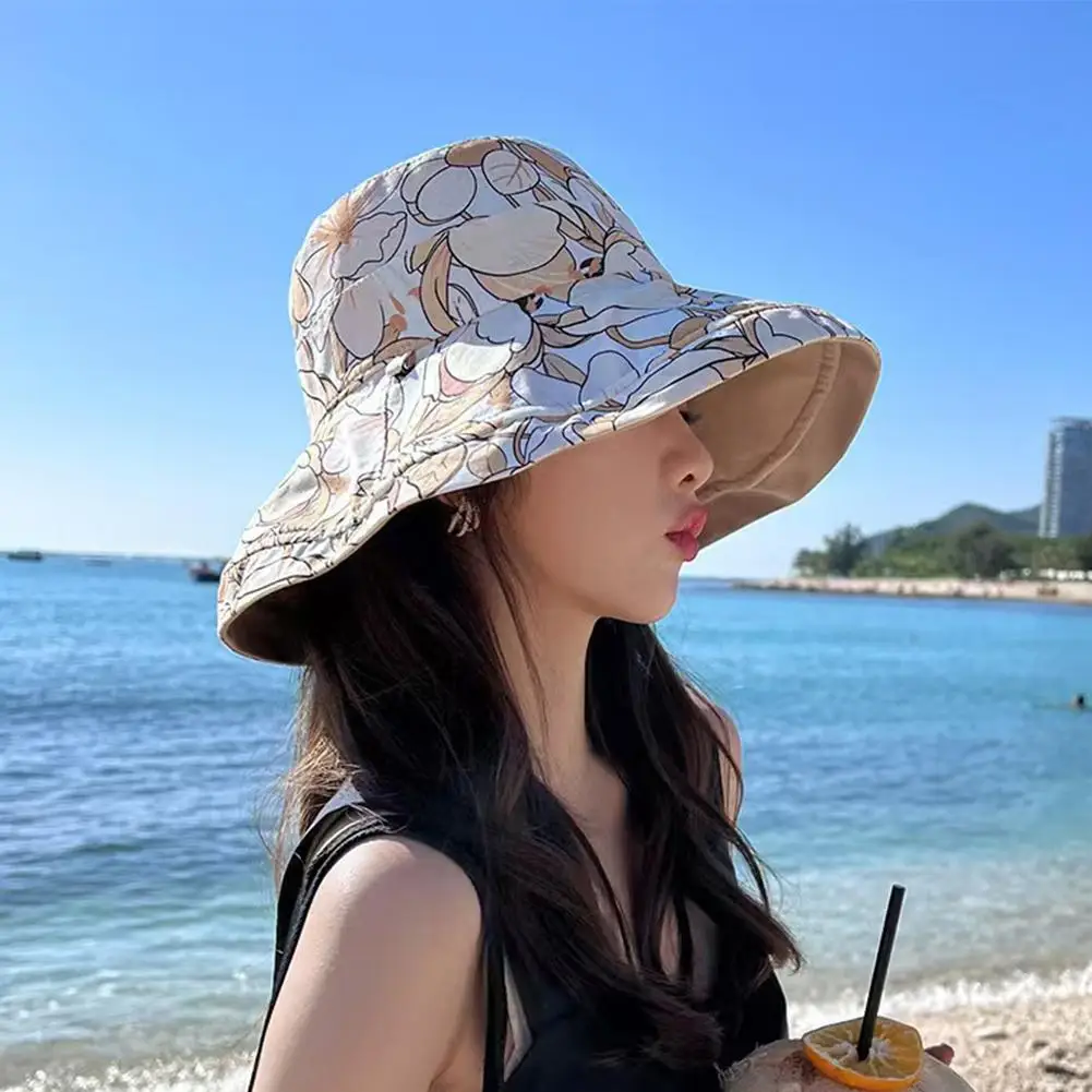 Double-Sided Bucket Hat For Women,Summer Sun Protection Full Face With Windproof Rope Flower Print Wide Brim Fisherman Hats