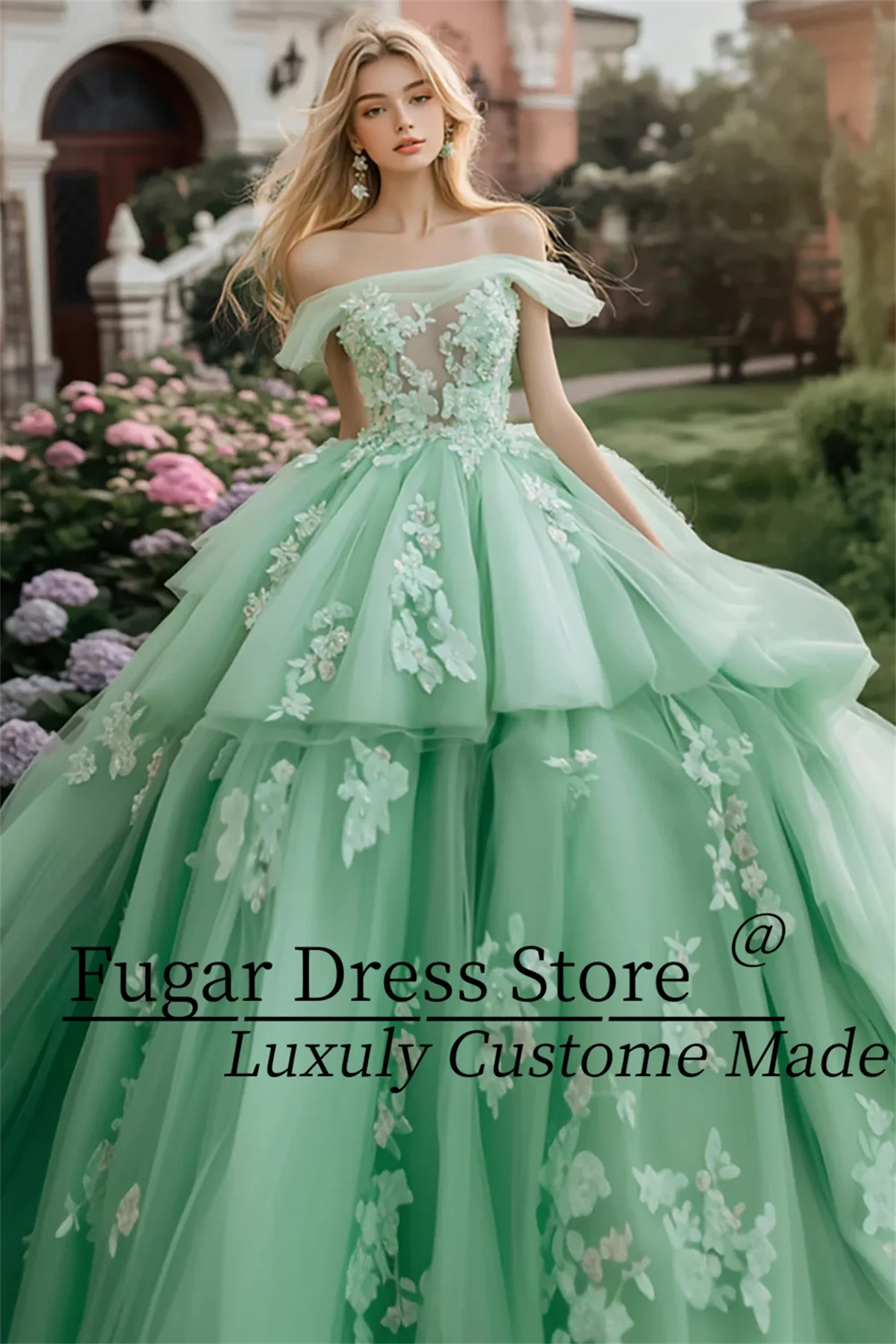 Customized Mint Green Quinceanera Dresse Shiny Luxuly Sequin decal Off the Shoulder Ruffles Tulle Vestidos de novia