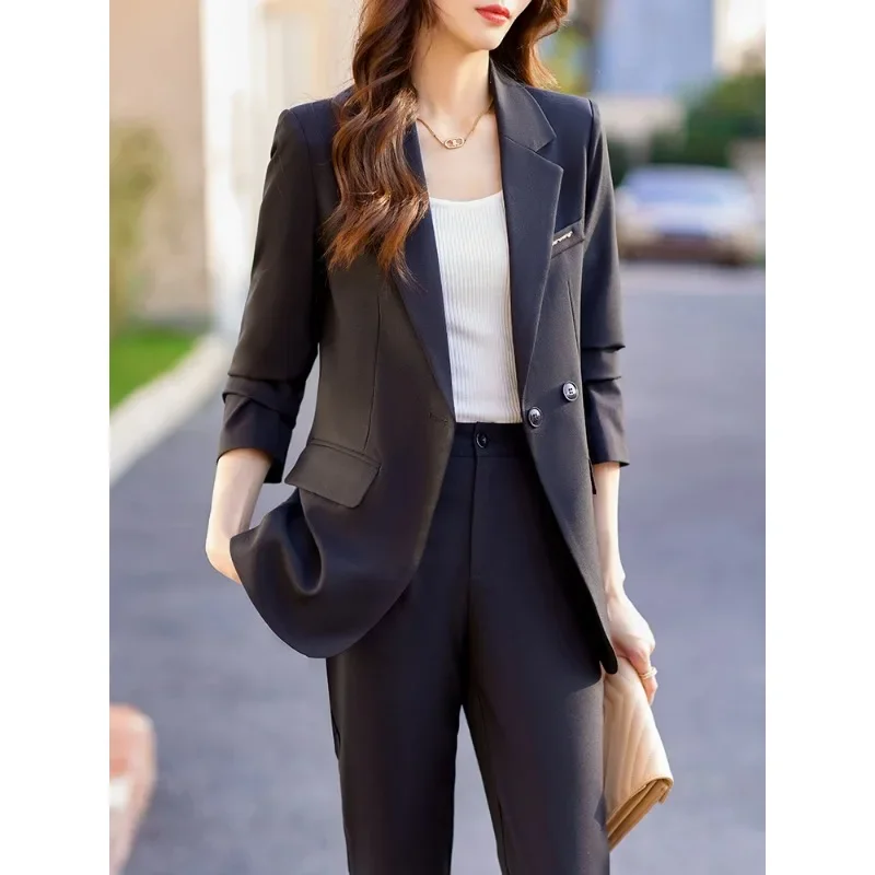 Terno formal feminino, blazer e calças, azul e preto, damasco e azul, roupa de negócios e trabalho, moda outono e inverno, conjunto 2 unidades