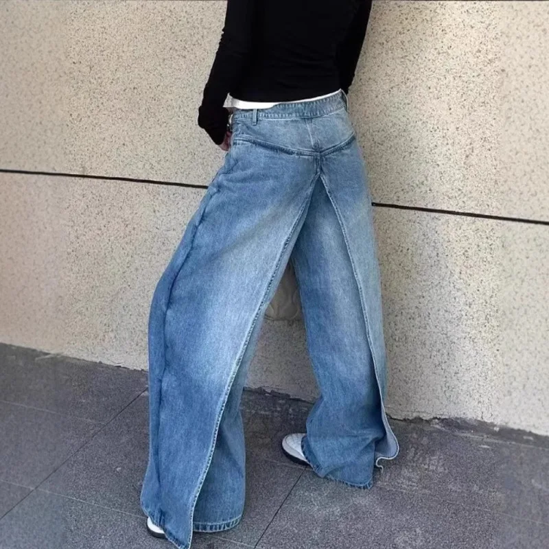 ANJY Autumn Winter New Women American Temperament Ins Reversible Jeans Y2K High Street Trendy Casual Wide-Leg Denim Pants A14721