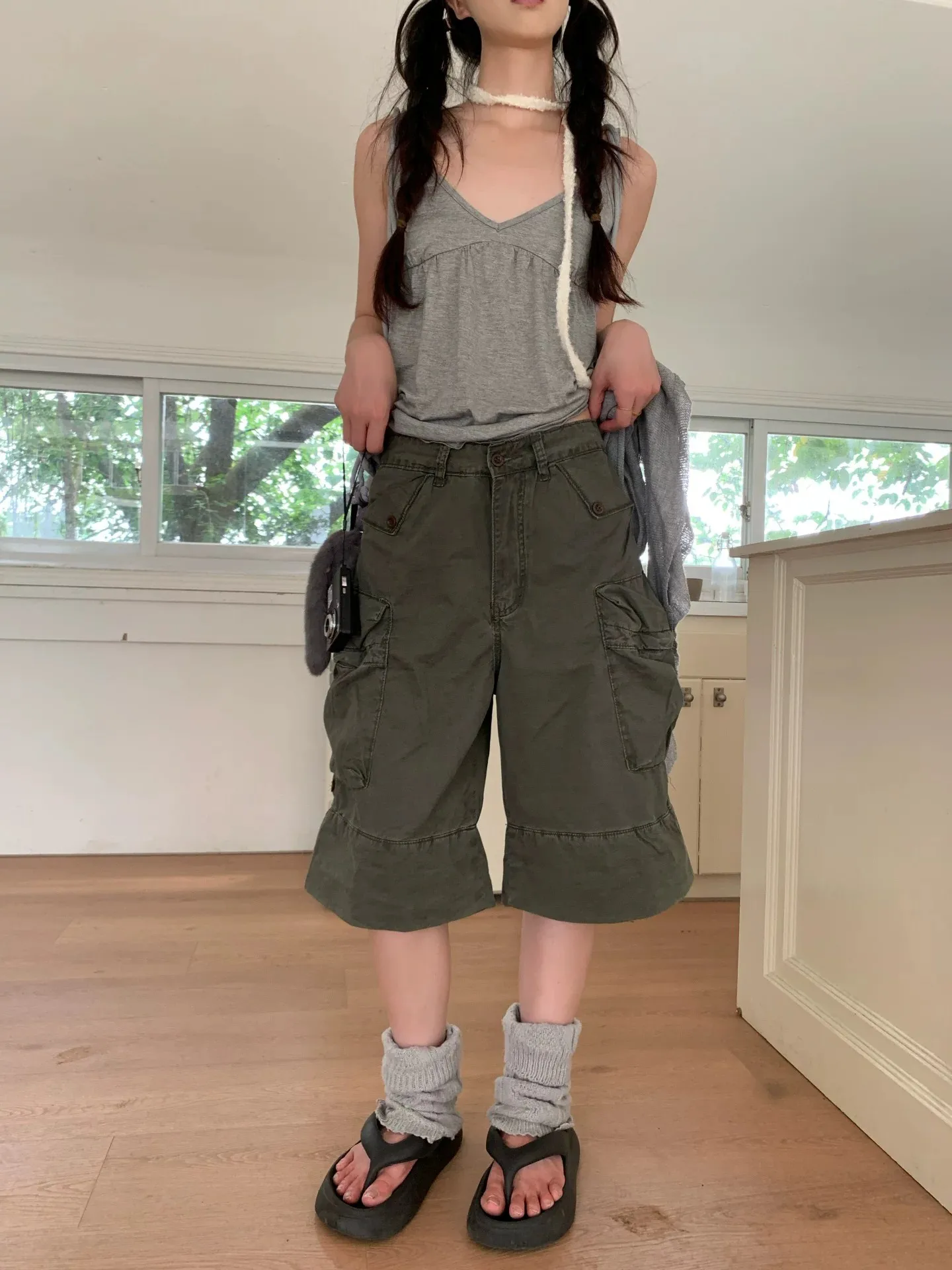 Retro American Washed Dungaree Shorts Men's Summer Loose Casual Wide Leg Shorts Workwear Style Natural Waist Cotton Pants