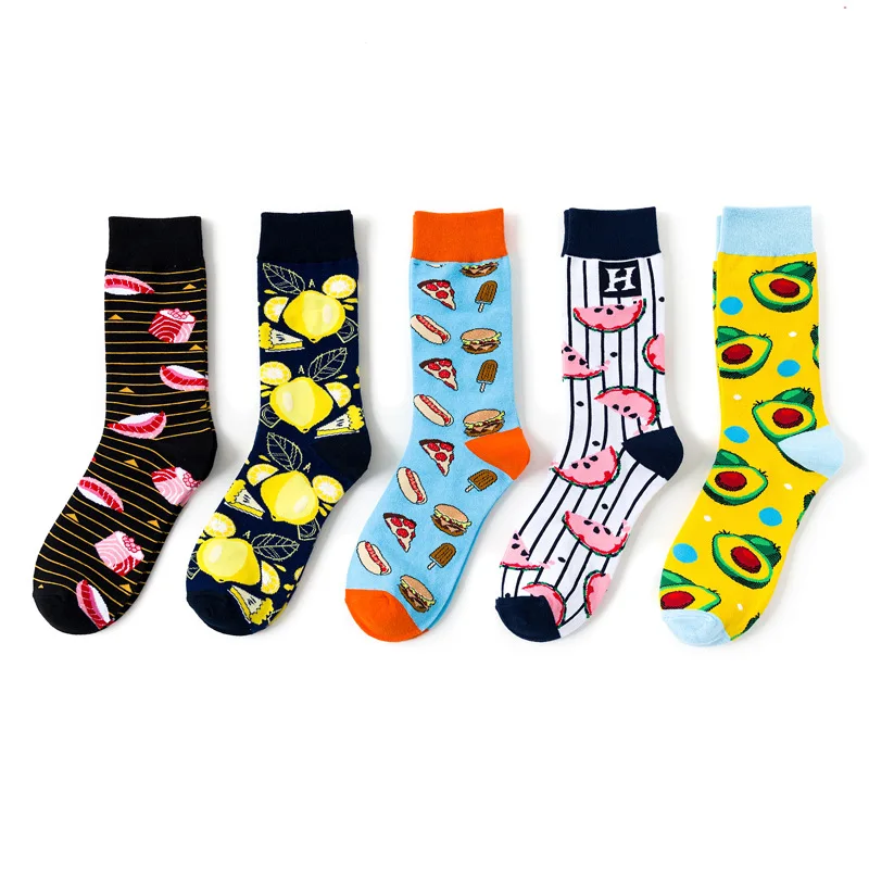 

5 Pairs/Pack Socks Harakuju Kawaii Men Cotton High Quality Trendy Fruits Watermelon Avocado Hamburger Pizza Crew Socks Women