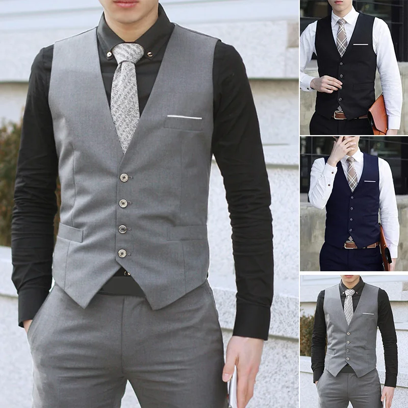 ใหม่อย่างเป็นทางการชุดสูทสําหรับชายเดี่ยว V คอ SLIM FIT Man สังคม Tuxedo เสื้อกั๊กเสื้อกั๊กชายเสื้อผ้า