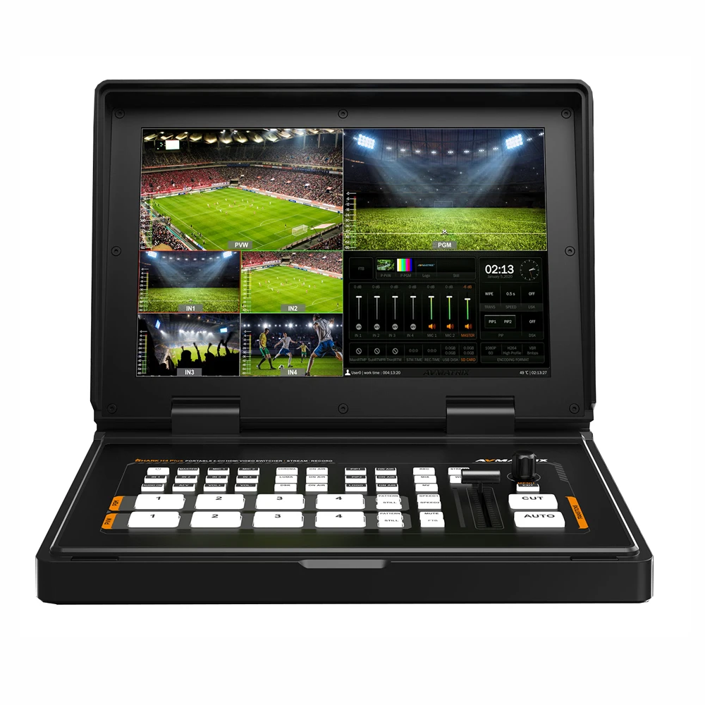 

Avmatrix Shark H4 Plus Portable 10.1 Inch 4 Channel HDMI Video Mixer Switcher Live Broadcasting with RTMP/SRT Stream & Record