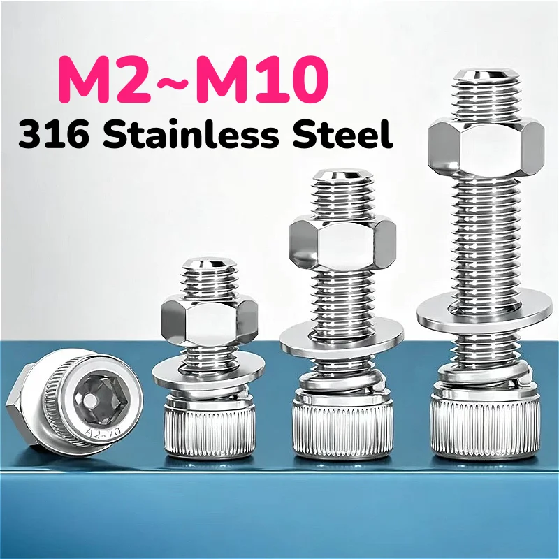 M2 M2.5 M3 M4 M5 M6 M8 M10 316 Stainless Steel Hex Socket Head Cap Screw Nuts With Washers Spring Washer Sets Bolts and Nuts Kit