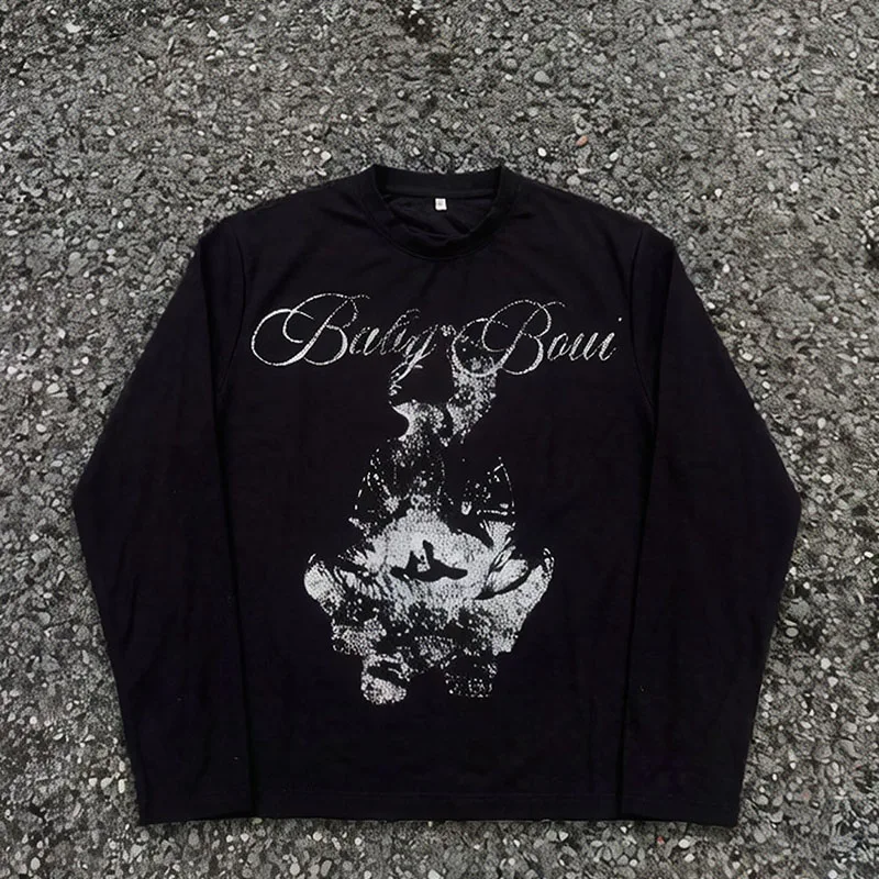 European American Ins New Autumn Round Neck Individuality Pullover Print Gothic High Street American Retro T-shirt Wholesale Y2k