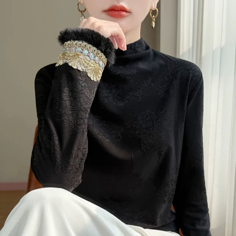 Women Half High Neck Embroidery Cuff Long Sleeve Top Vintage Jacquard Blouse