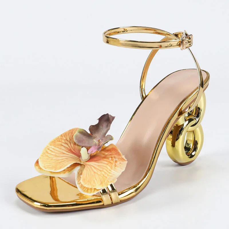 Aneikeh Golden Open Toe Buckle StrapSandals Elegant Floral Decorations Square Toe Ankle Strap Fretwork High Heels Banquet Shoes
