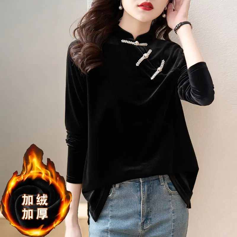 

Long Sve Velvet Irt Stand Collar Improved Top Korean Version Spring Autumn Seasonal Blouse TT614