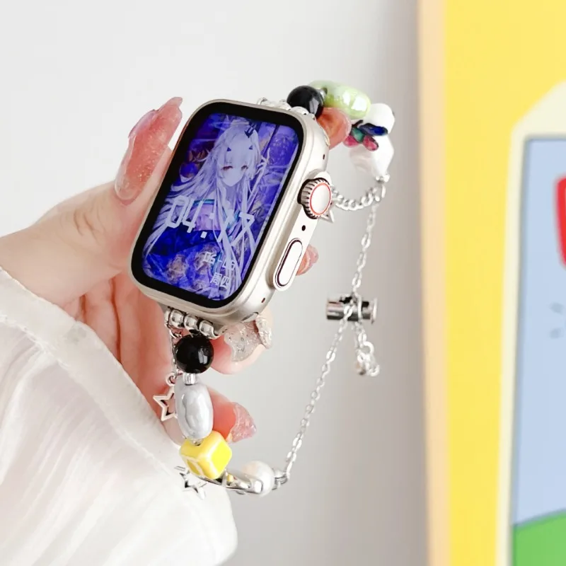 Lucky Star Beading Strap para Apple Watch, Pulseira de Jóias para Meninas, Band for iWatch 8, 7, 6, 5, 4, SE 3, 44mm, 41mm, 40mm, 49 milímetros, 42 milímetros, 38 milímetros, 45 milímetros