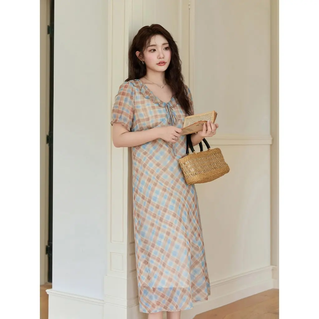 

Women's Vintage Plaid Chiffon V-Neck Dress Contrast Color Summer Loose Slimming plus Size 65369