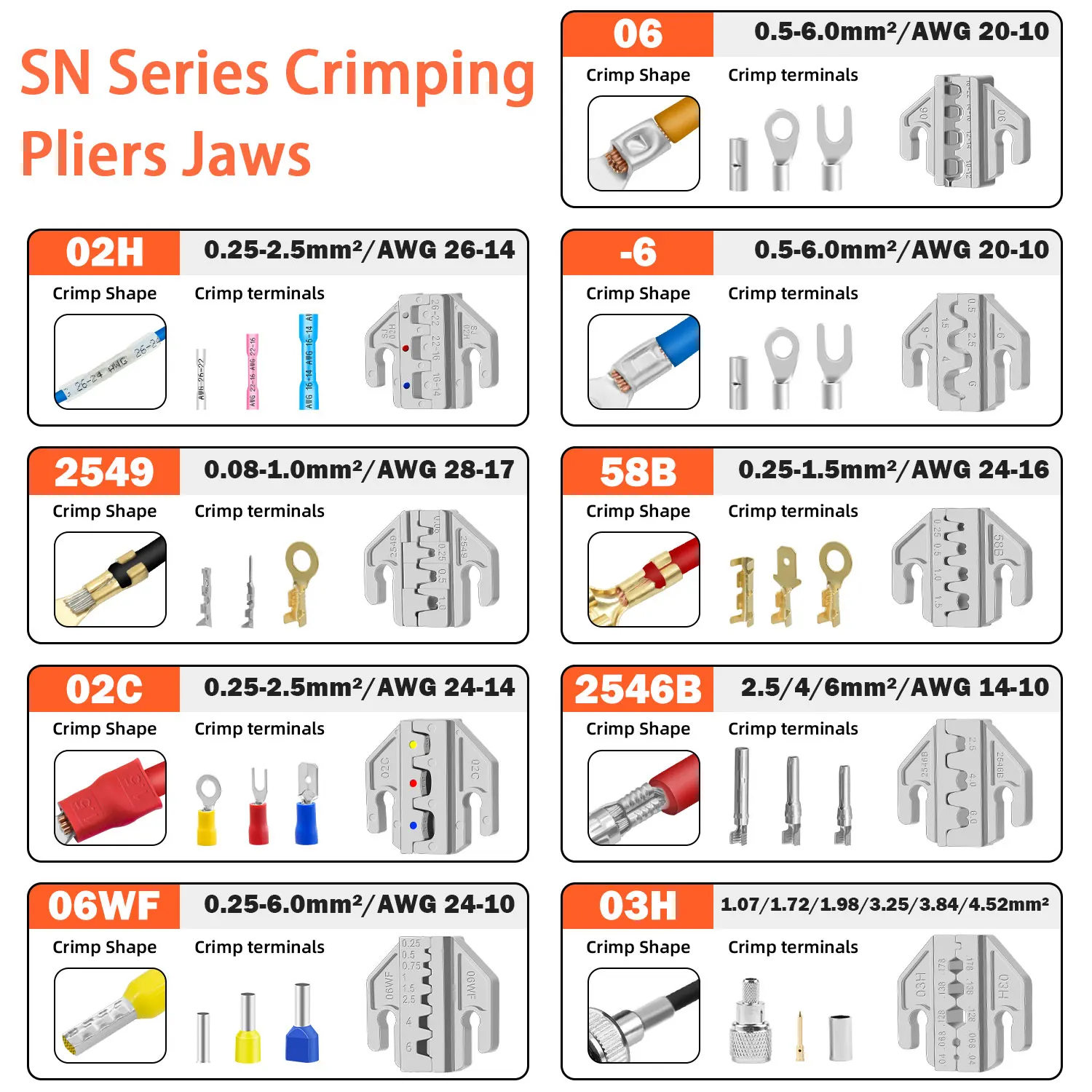 Crimping pliers Alloy Jaws 2546B 58B 02C 03H 06WF 06  used for crimping terminals，Jaw slot width 4mm Crimper Tool