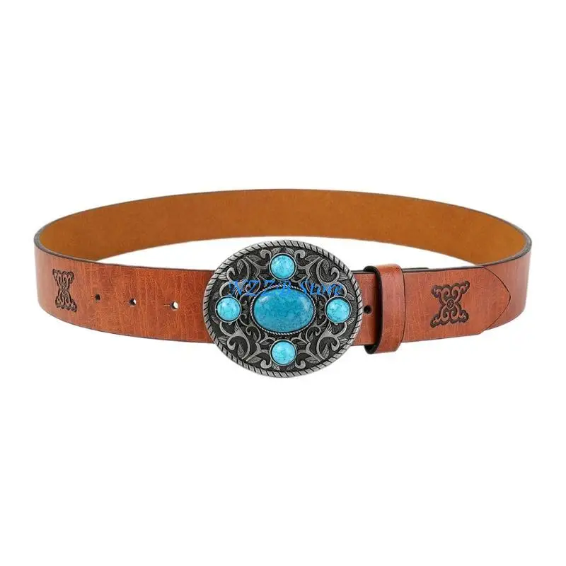 

T21F Rock Fan Waist Belt with Gemstones Buckle PU Belt for Jeans Coat Skirt Decors