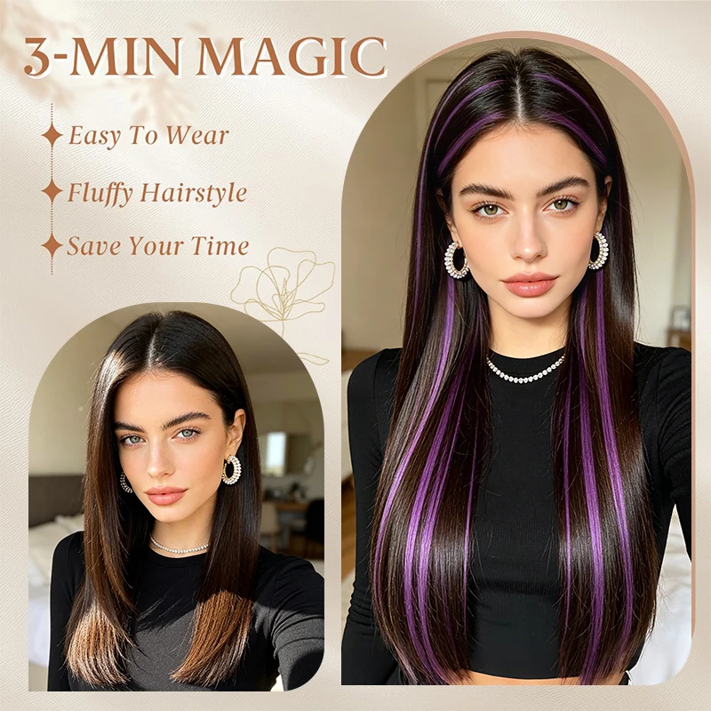 Women's Long Straight Synthetic Clip In Hair Extensions,One-Piece 5 Clips,Colorful Gradient Hairpieces for Halloween Party