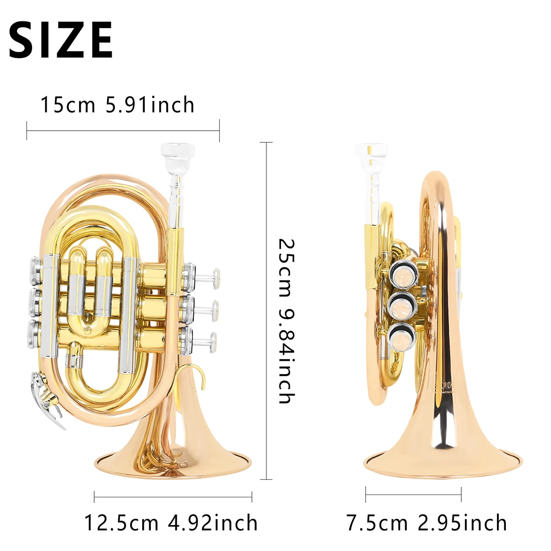 B-flat Pocket Trumpet SLADE Bb Brass Gold Plated Bell Mini Pocket Trumpet with Case Ideal for Beginner Student Travel Practice