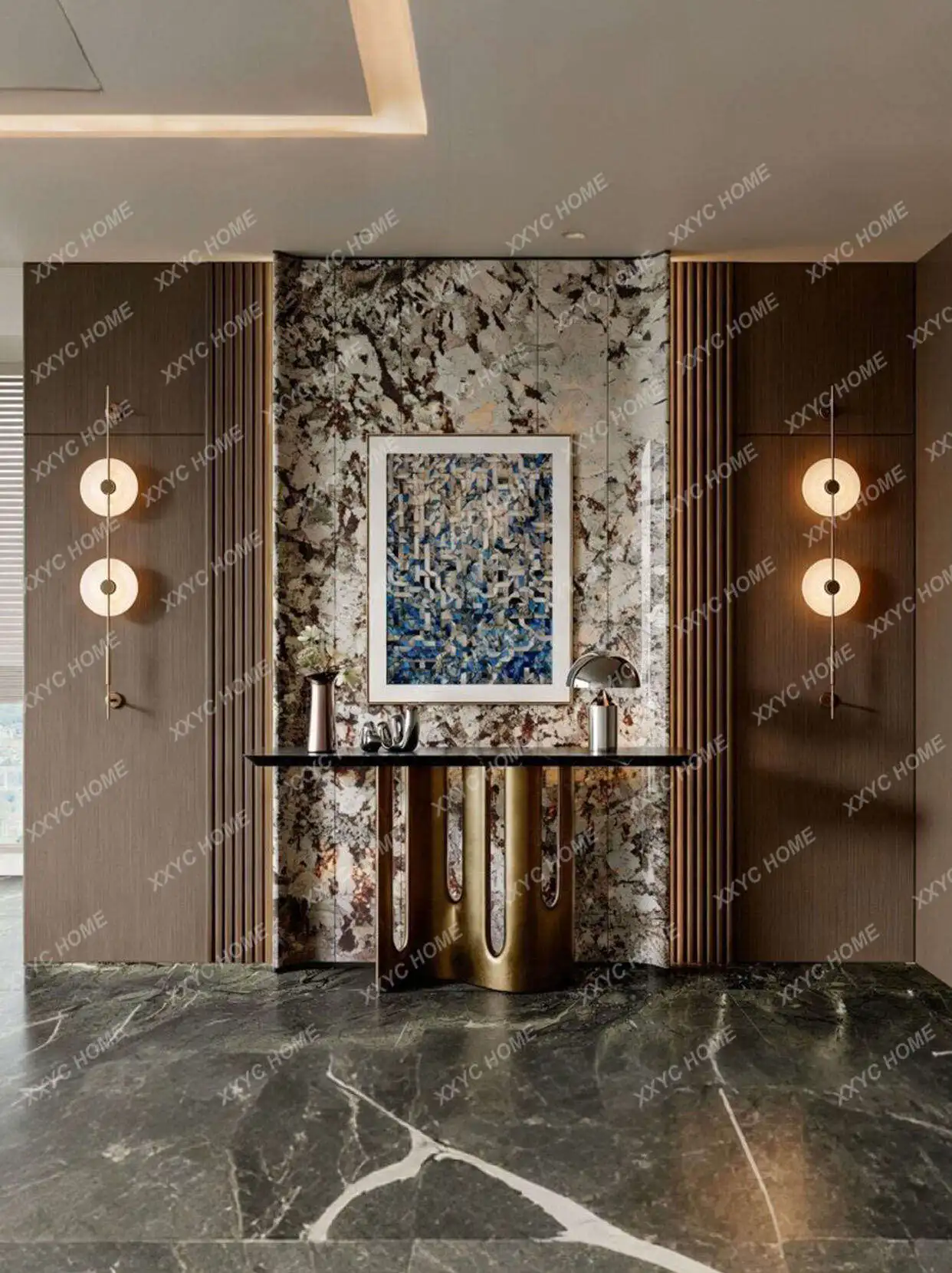 Modern simple marble entrance table villa living room stainless steel end view table against the wall ultra-narrow strip case