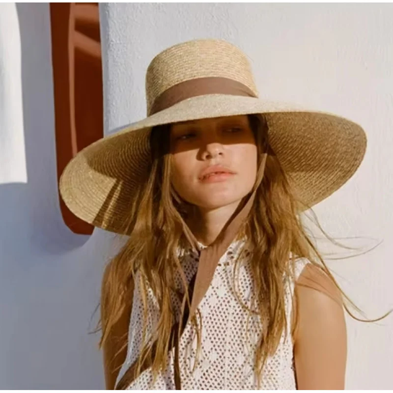 

Women Wheat Straw Large Brim Sun Hat Flat Top French Beach Cap Summer Hat With Neck Tie for Vacation Travel