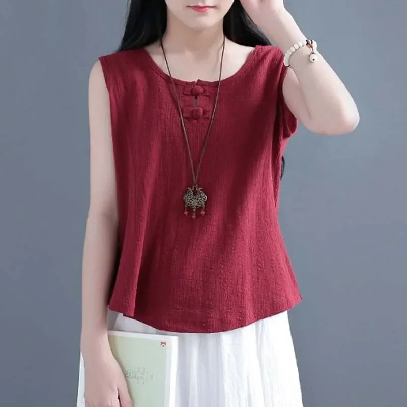 Red Loose Sleeveless T-Shirt with Chinese Style Button Closure O Neck Summer Casual Top for Women