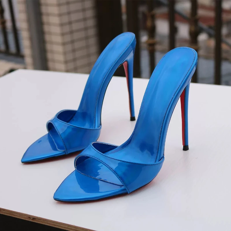 Navy blue patent leather high-heeled slippers, sandals with exposed toes, one line style, light luxury style, French size