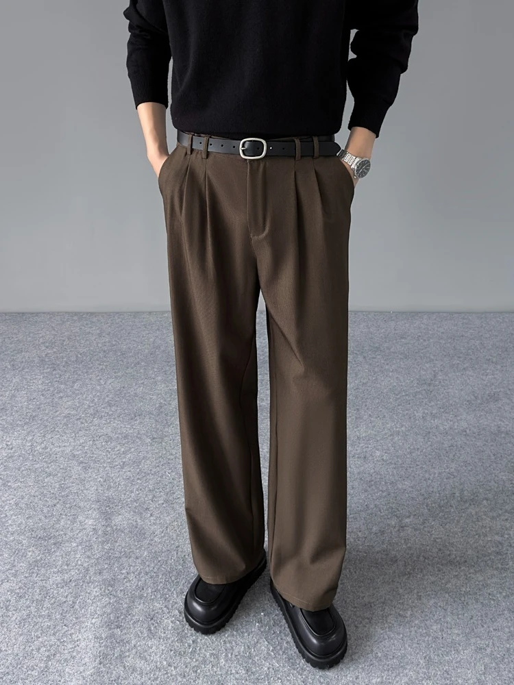 Spring New Loose Straight Pants Men Elastic Waist Double Pleats Wide Legs Casual Drape Fashionable Anti-wrinkle Trousers