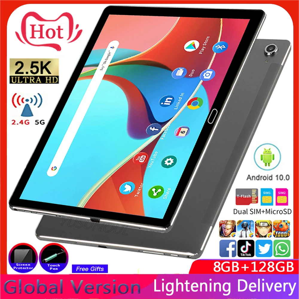 

Global Version Android 10.0 4G LTE Phone Call WiFi 10 inch Tablet 8GB RAM 128GB ROM CPU 1920*1200 IPS Processor GPS+Free Gifts