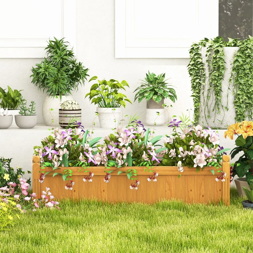 

Patio Wooden Raised Garden Bed Rectangular Garden Planter w/ Drainage System