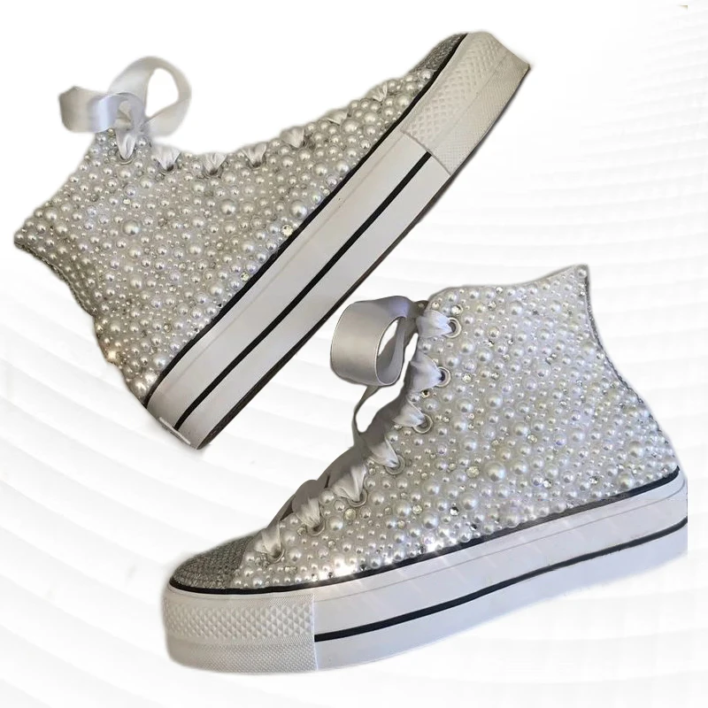 Thick white pearl rhinestones wedding party party canvas shoes handmade custom large size high top women\'s casual sneakers 35-40