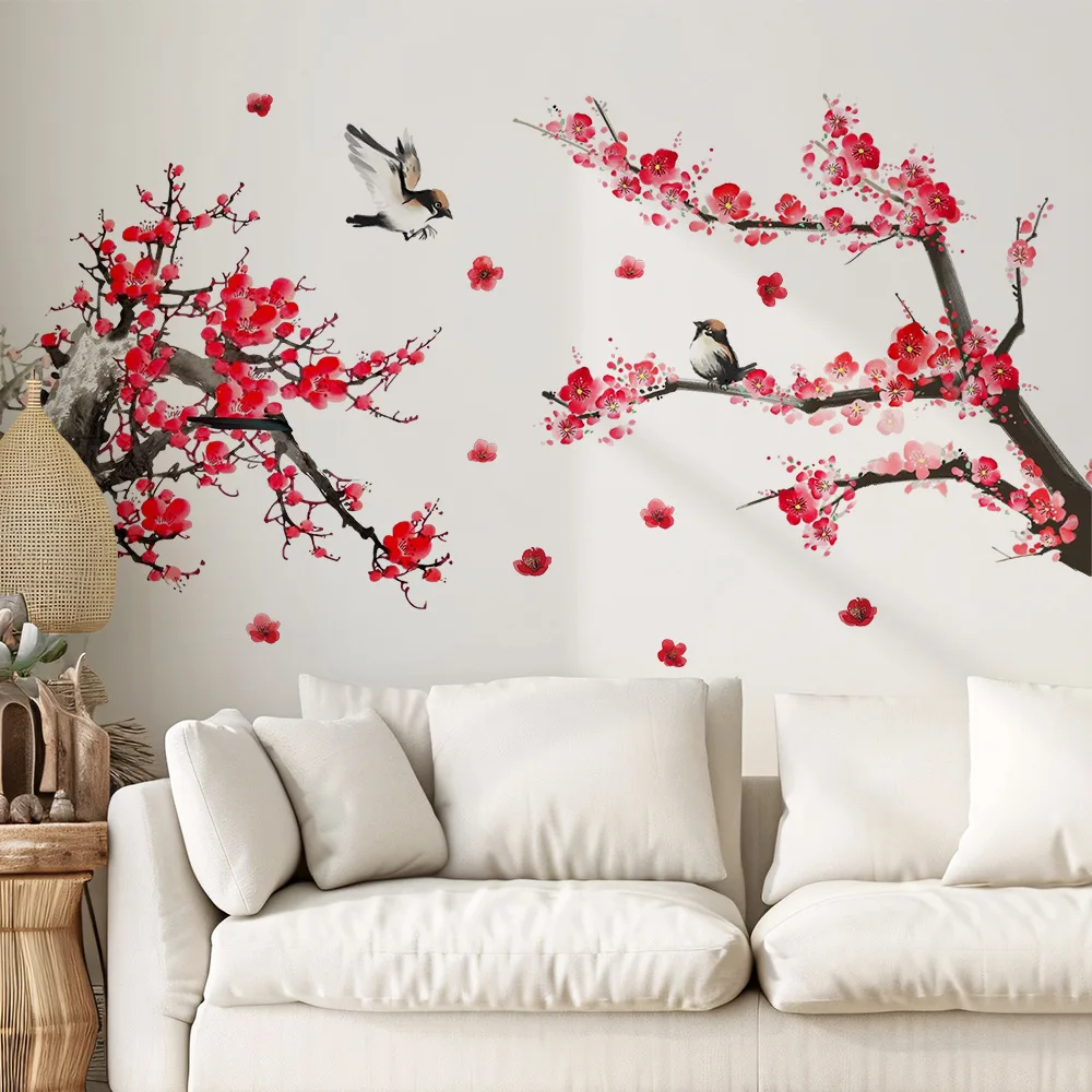 1Pc Chinese Ink Red Plum Magpie Wall Stickers, Self-Adhesive Removable Vinyl Decals, Oriental Floral Birds Mural for Home Decor