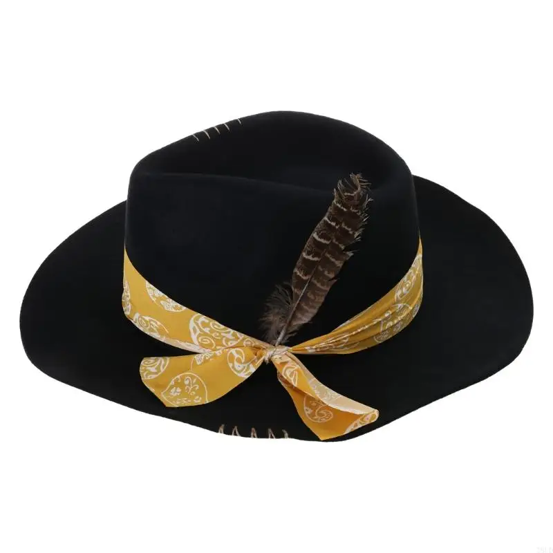 T8UD Wool Felted Hat Stylish Winter Hat Yellow Decorative Band Hat Unisex Wool Hat for Men and Women