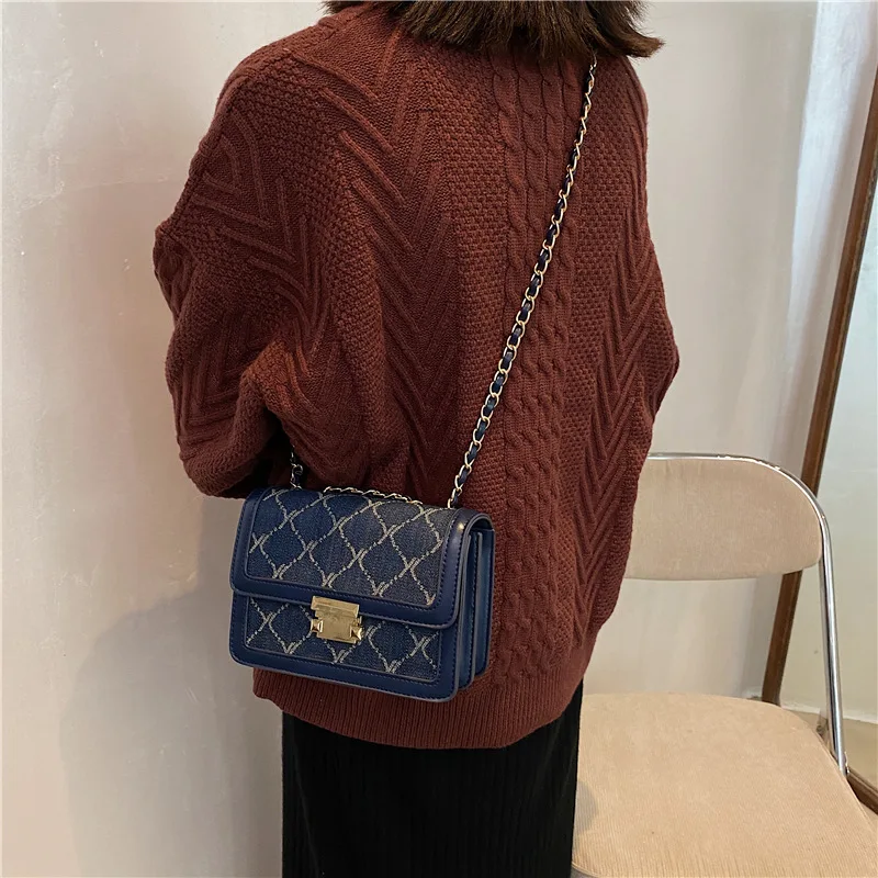 Embroidery Plaid Pattern Chain Crossbody Bag For Women Canvas and PU Small Shoulder Bag Ladies Purses And Handbags 2023 Trended