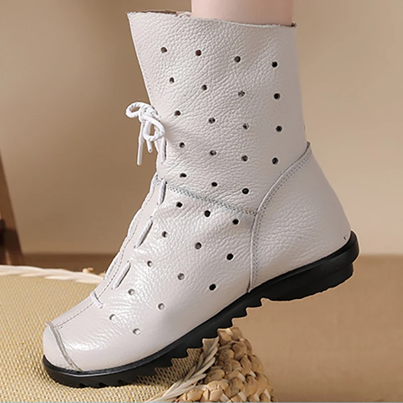Weiße, halbhohe Damen-Lederstiefel mit Hohlmuster, dünn, atmungsaktiv, weiche Sohle, Obermaterial aus Rindsleder, runde Zehenpartie, seitlicher Reißverschluss – Detail 8