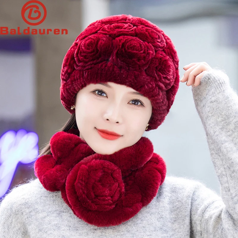 

2024 Hot Sale Women Winter Fur Hat Scarf Sets Natural Warm Real Rex Rabbit Fur Cap Scarves Lady Knitted Genuine Fur Hats Muffler