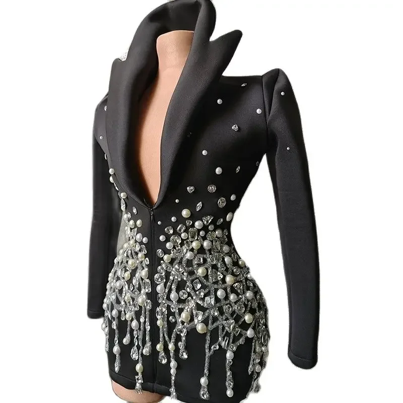 Jazz paillettes Black Suit Nightclub Bar Rave Clothes Dj Ds Gogo costumi da prestazione cantante femminile Drag Queen Stage Wear DN14798