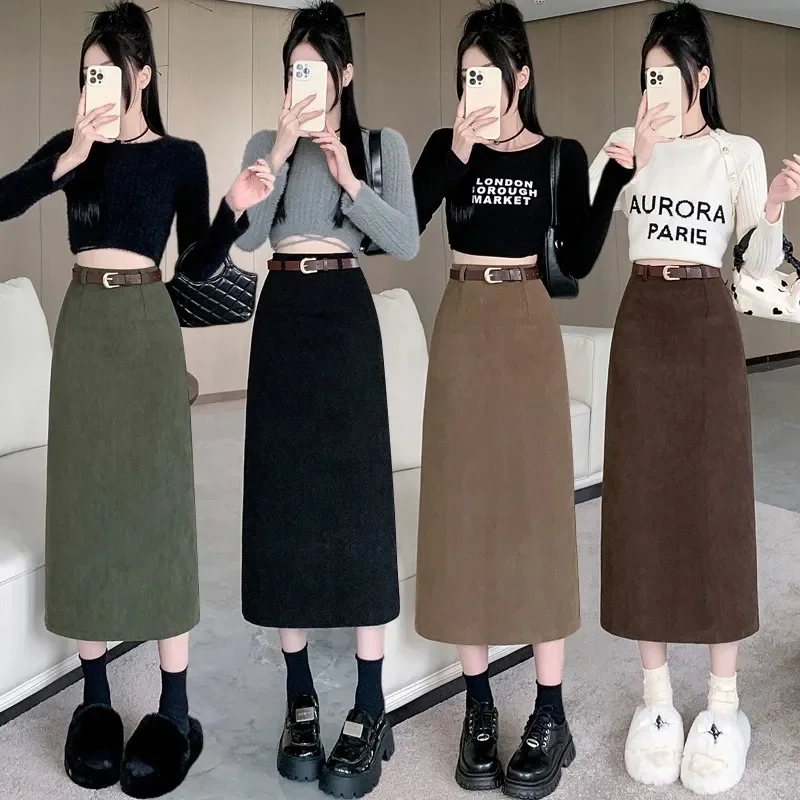 여성용 한국 스타일 섹시 롱 스커트 2026 겨울 코듀로이 슬림 두꺼운 스트리트웨어 패션 빈티지 가을 바디콘 스커트