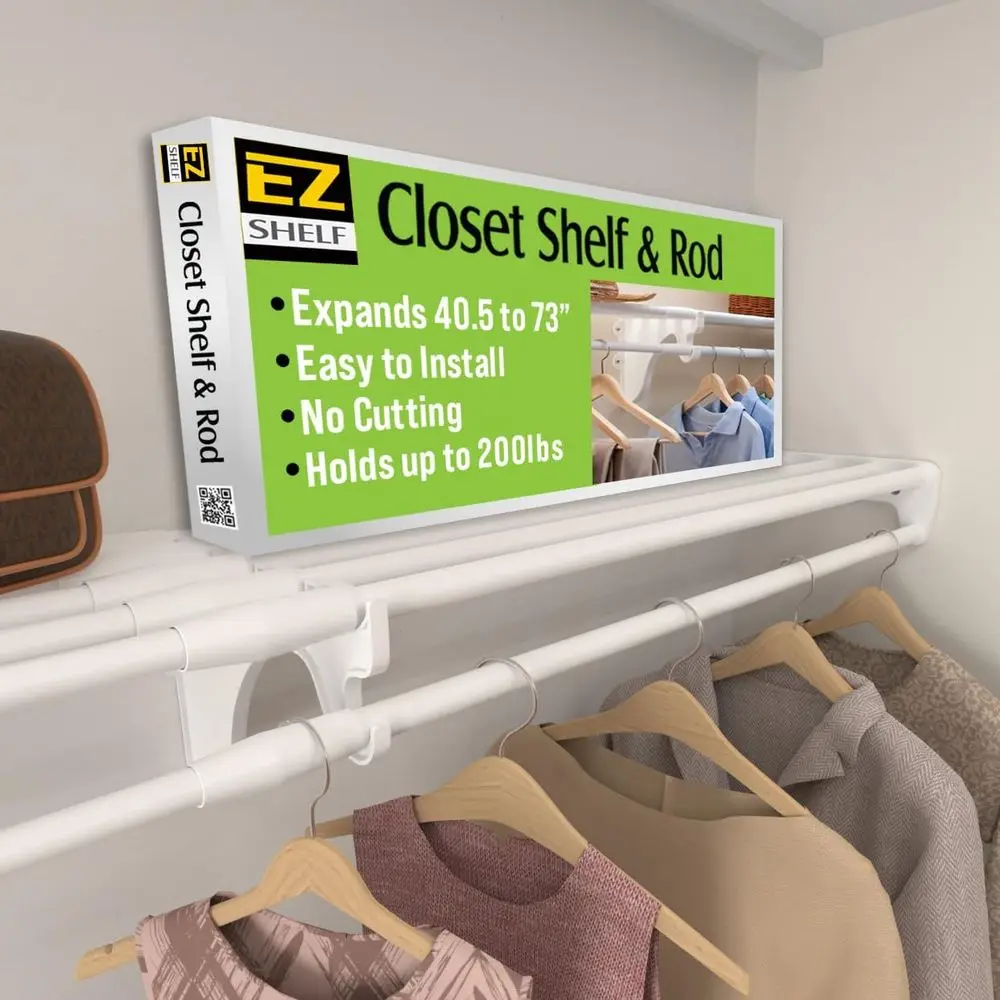

Adjustable White Closet Organizer with Hanging Rod, 40.5-73 Span, Holds 200 lbs, Easy Install for Closets and Laundry Rooms