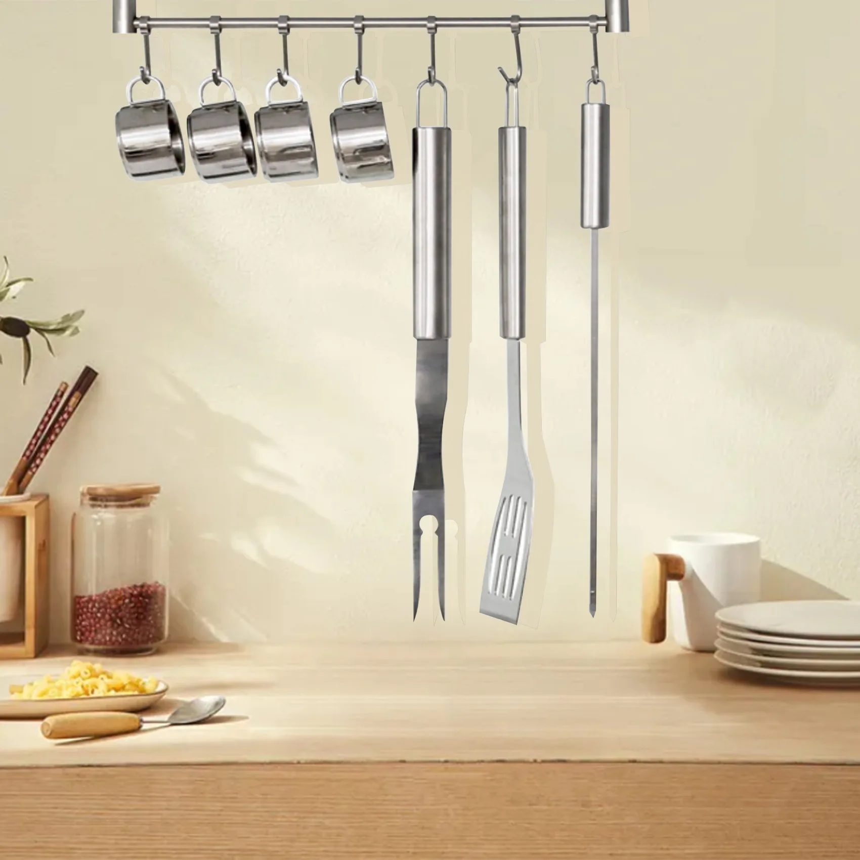 Kitchen Rail Rack Wall Mounted Utensil Hanging Rack Stainless Steel Hanger Hooks For Kitchen Tools Pot Towel-A68E