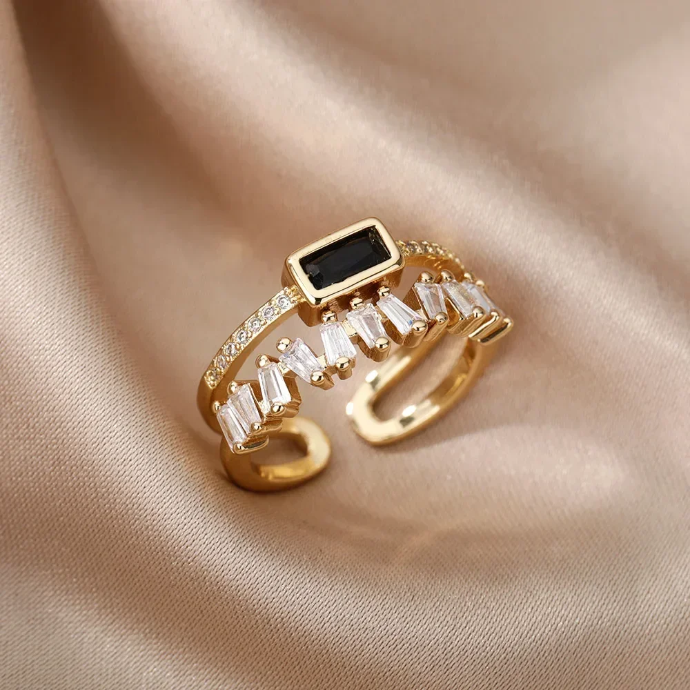 Classic retro light green double-layer zircon ring women's stainless steel gold-plated wedding ring as a gift for mom and lover image 4