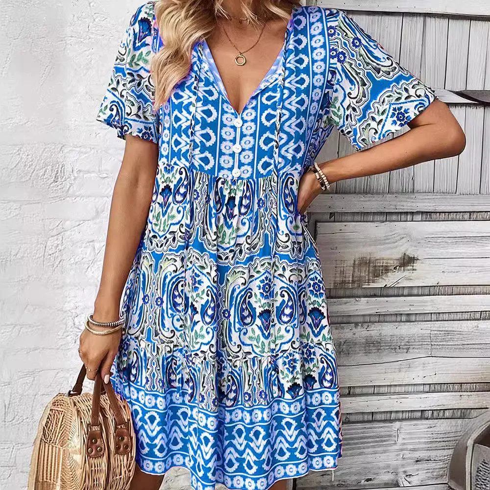 Bohemia Women 2024 Summer New V-neck Dress Fashion Loose Printing Elegant Comfort Table Colorful Patchwork Vacation Short Skirt