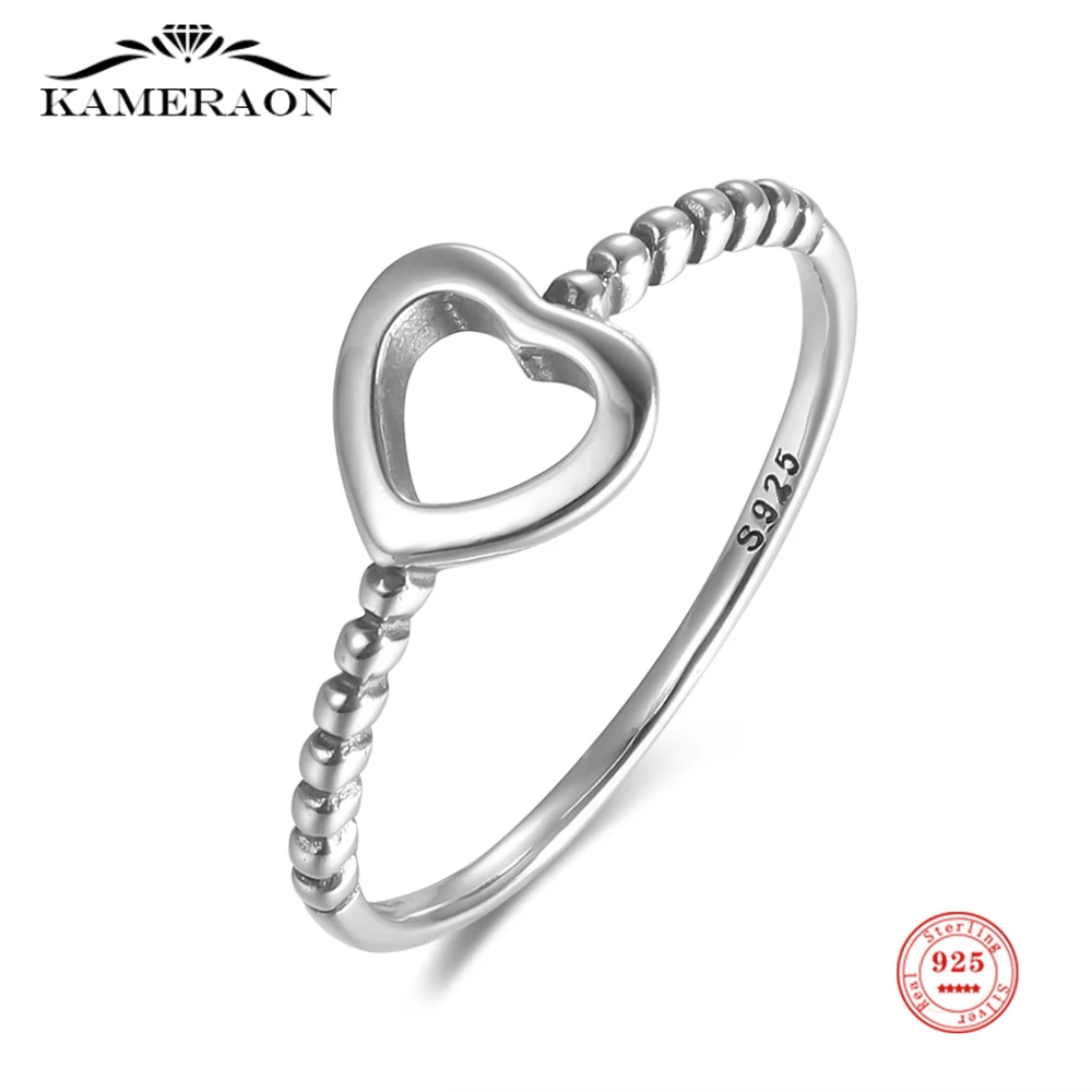 Kameraon Romantic Hollow Heart Ring Retro Fashion 925 Sterling Silver for Women Couple Engagement Jewelry Valentine's Day Gift