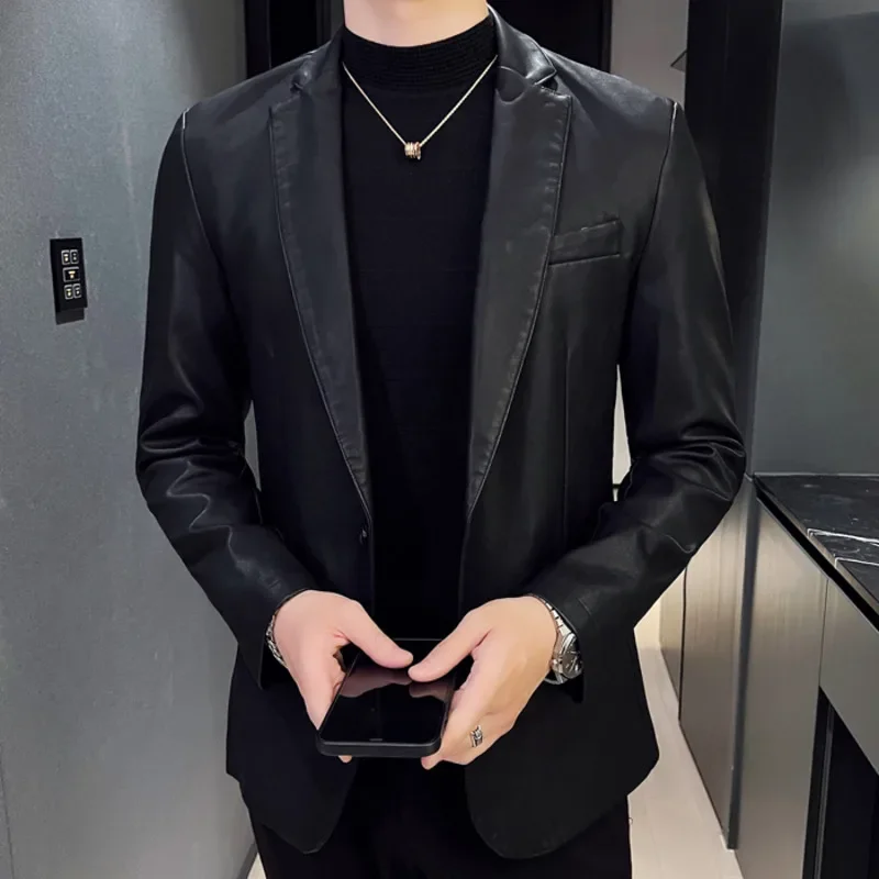 

Fall Men Streetwear Suit Jacket Leather Jacket Vintage Double Breasted Blazer Hombre Business Casual Suit Blazer Coat Uniform