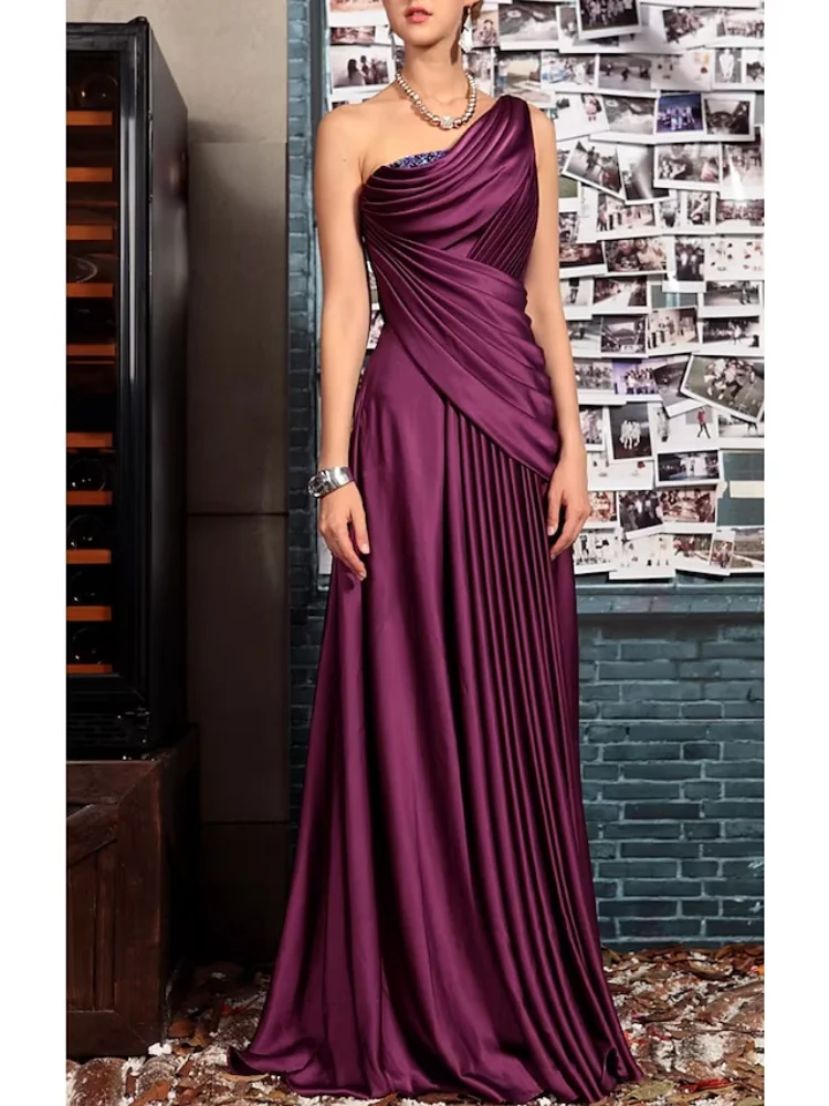 Bainha elegante vestidos de noite formal casamento convidado um ombro sem costas sem mangas até o chão cetim com pregas vestido de baile