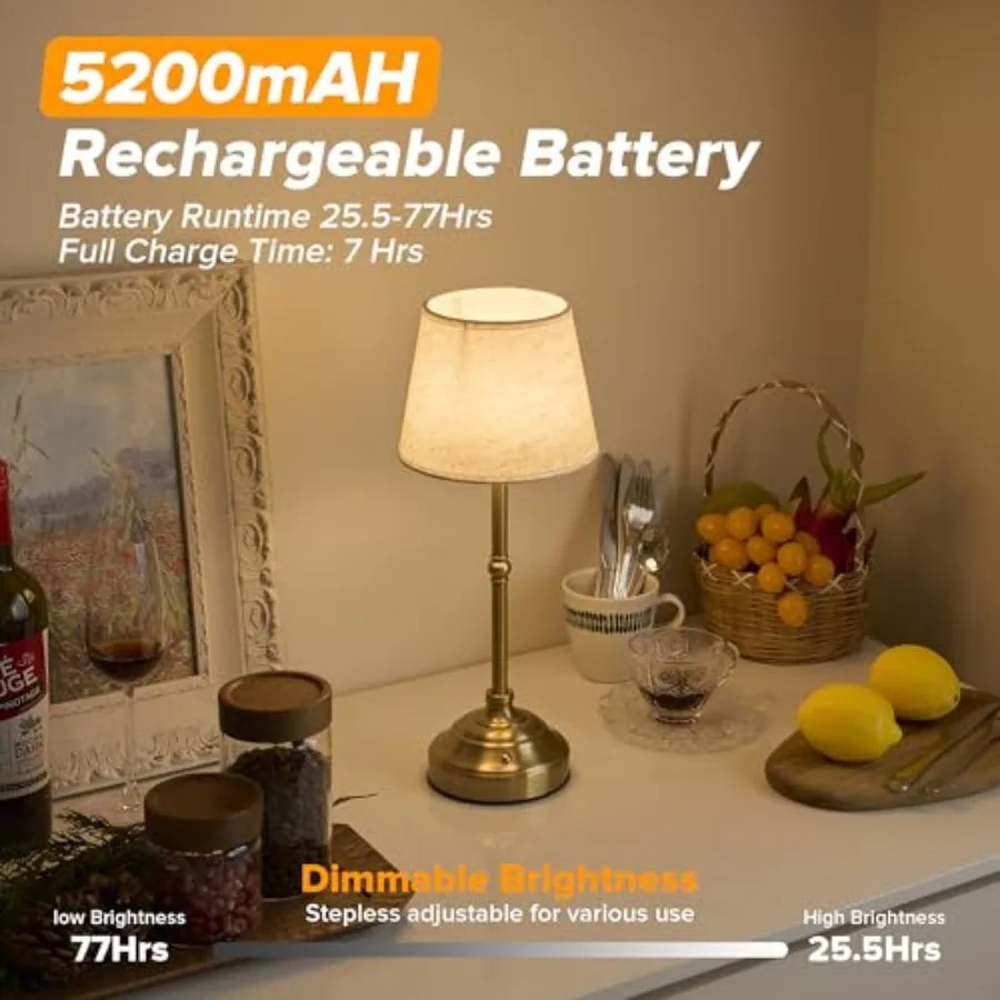 Cordless Table Lamp, Rechargeable Desk Lamp with Fabric Shade, Battery Operated 3 Color Stepless Dimming, Small Touch Bedside L view 5