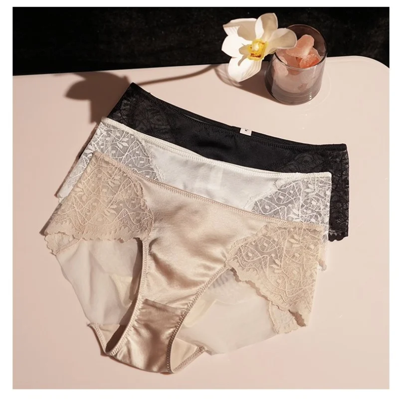Birdtree 89% التوت الحرير 11% دنة المنشعب سراويل، المرأة منتصف الخصر Traceless تنفس الدانتيل ملخصات، 2025 جديد P58112JF