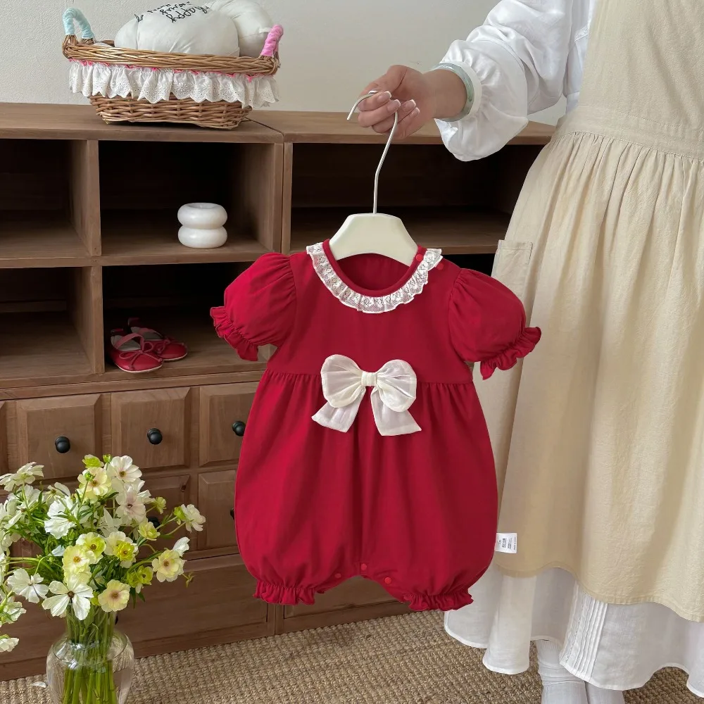 

INS Summer Baby Girl Romper 0-2Years Cute Newborn Infant Puff Sleeve O-Neck Bow Jumpsuit Outfits Birthday Party Clothes