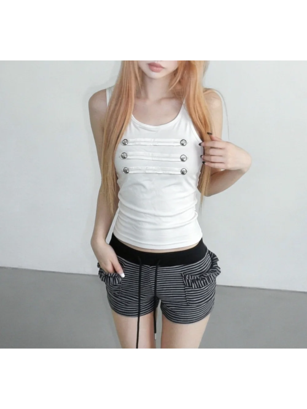 New Summer Punk Subculture Metal Round Hot Brick Ribbon Decorative Tank Top Spicy Girl Top Street Trendy Casual Versatile Ins