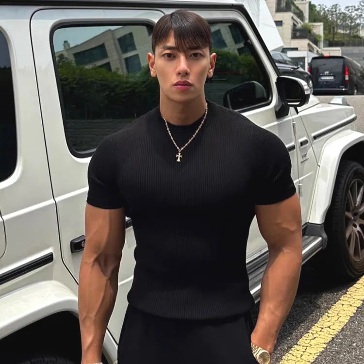 Men's White Black Solid Color Elastic Short Sleeve O-neck Waffle Undershirts Male New Fashion American Style T-shirt Top Clothes