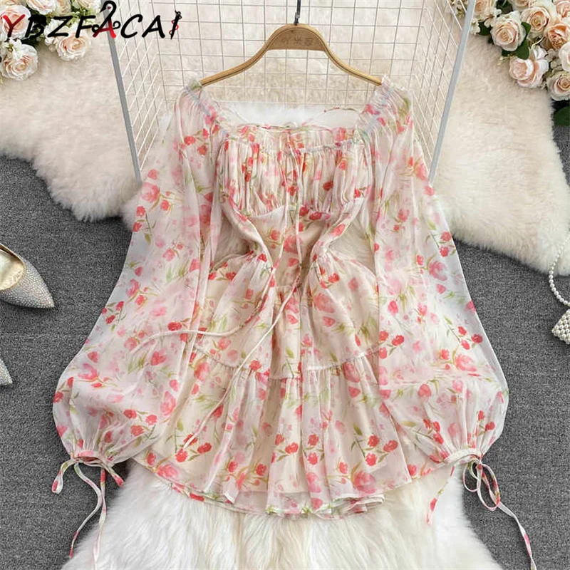 

Sexy Floral Sling Mini Dress Women Sweet Puff Sleeves Square Neck High Waist Slim Dress Women Beach Chiffon Floral Dress Summer