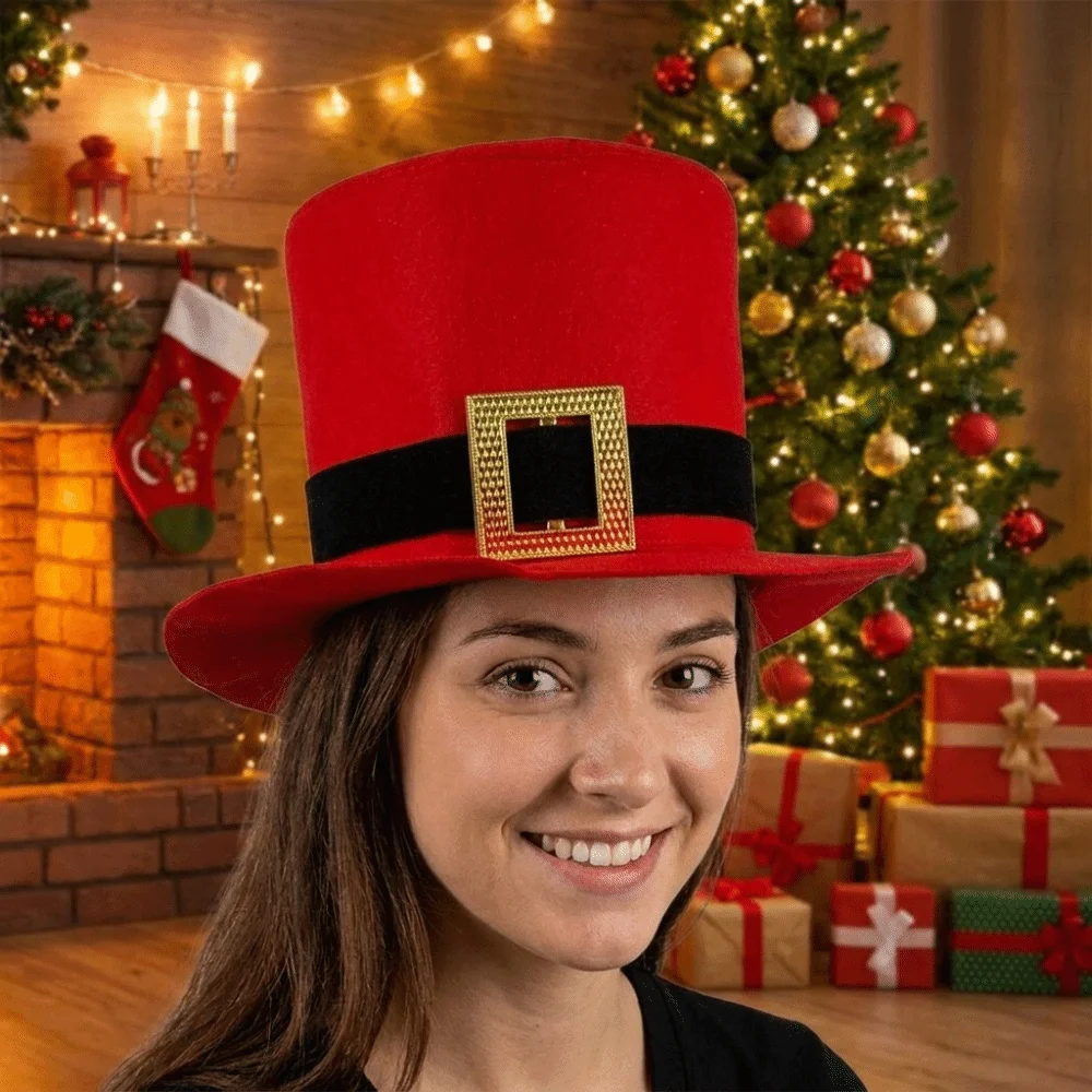 Simple Red Christmas Top Hat Black Belt Foldable Santa Claus Hat High Hat Gold Button Cowboy Hat Women